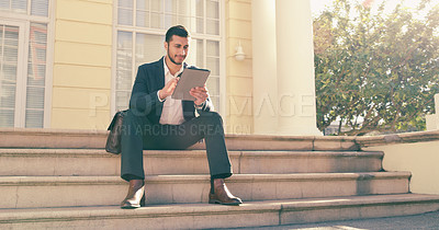 Buy stock photo Business man, tablet and reading on stairs with smile for notification, deal or email for story lead. Journalist, person and digital nomad on touchscreen for remote work, update or news on sidewalk 