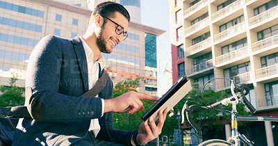 Buy stock photo Business man, tablet and reading in city with smile for notification, contact or email for story lead. Journalist, person and digital nomad on touchscreen for remote work, update and news on sidewalk