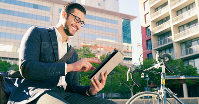 Buy stock photo Tablet, bicycle and a business man in the city for online research while on his break during the day. Smile, technology and internet with a happy young male employee sitting outside in an urban town