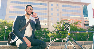 Buy stock photo Phone call, business man and bicycle in city to travel with eco friendly transport. Cellphone, bike and happy male professional talking, speaking and discussion while sitting on steps in urban street