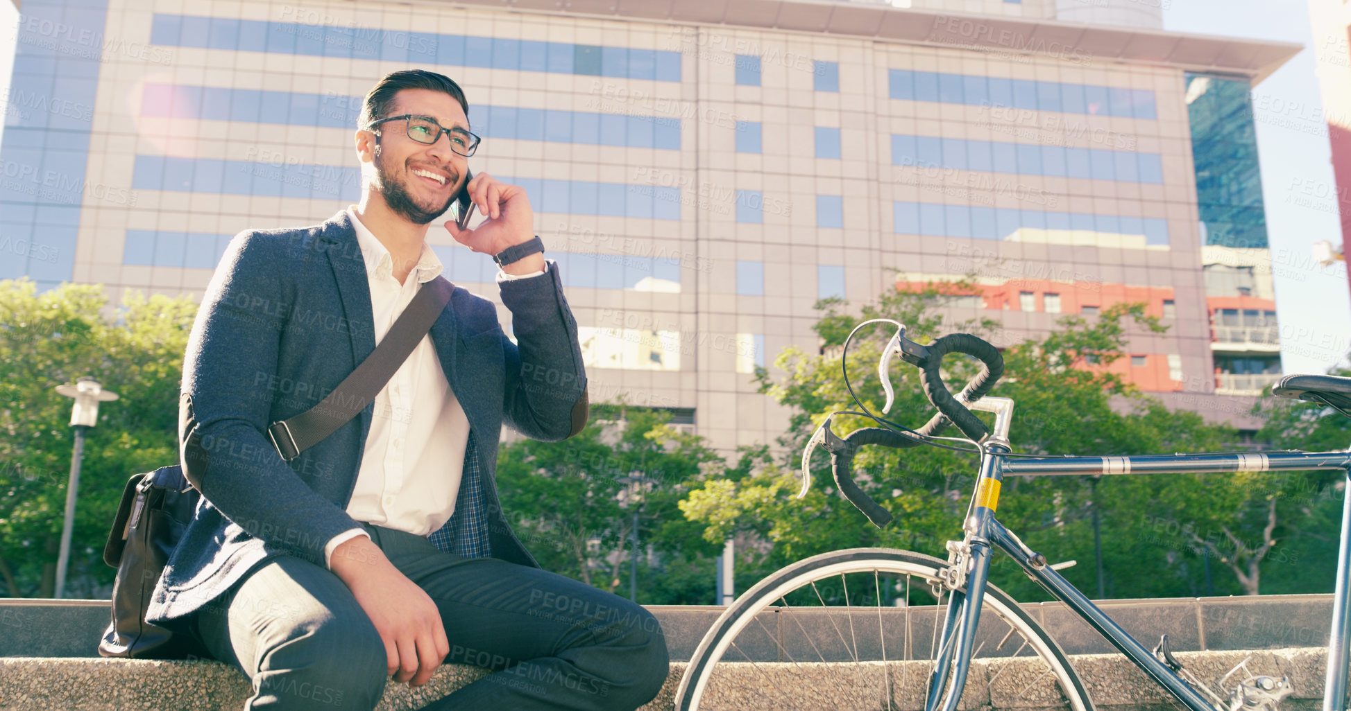 Buy stock photo Phone call, business man and bicycle in city to travel with eco friendly transport. Cellphone, bike and happy male professional talking, speaking and discussion while sitting on steps in urban street