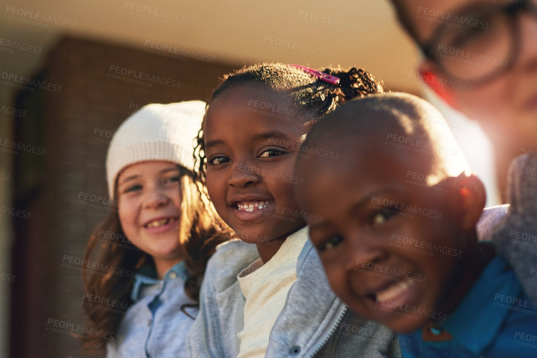 Buy stock photo Happy children, portrait and students with diversity at elementary school for education, learning or youth development. Young, group and kids with smile in joy for classroom, kindergarten or support