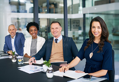 Buy stock photo Business, people and happy in boardroom on portrait for meeting, planning and strategy. About us, office and smile as partners in confidence for company growth with teamwork and collaboration