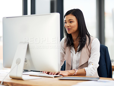 Buy stock photo Computer, research and businesswoman in office typing email for communication with client. Technology, online and female public relations officer working on report for startup company in workplace.