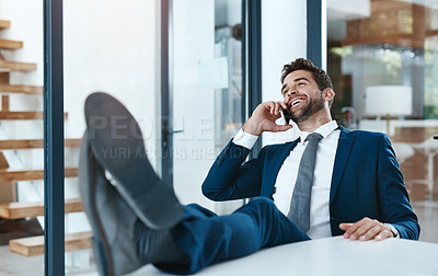 Buy stock photo Phone call, relax and happy business man in office with productivity satisfaction, pride or confidence. Smartphone, consulting and entrepreneur with b2b networking, communication or client feedback