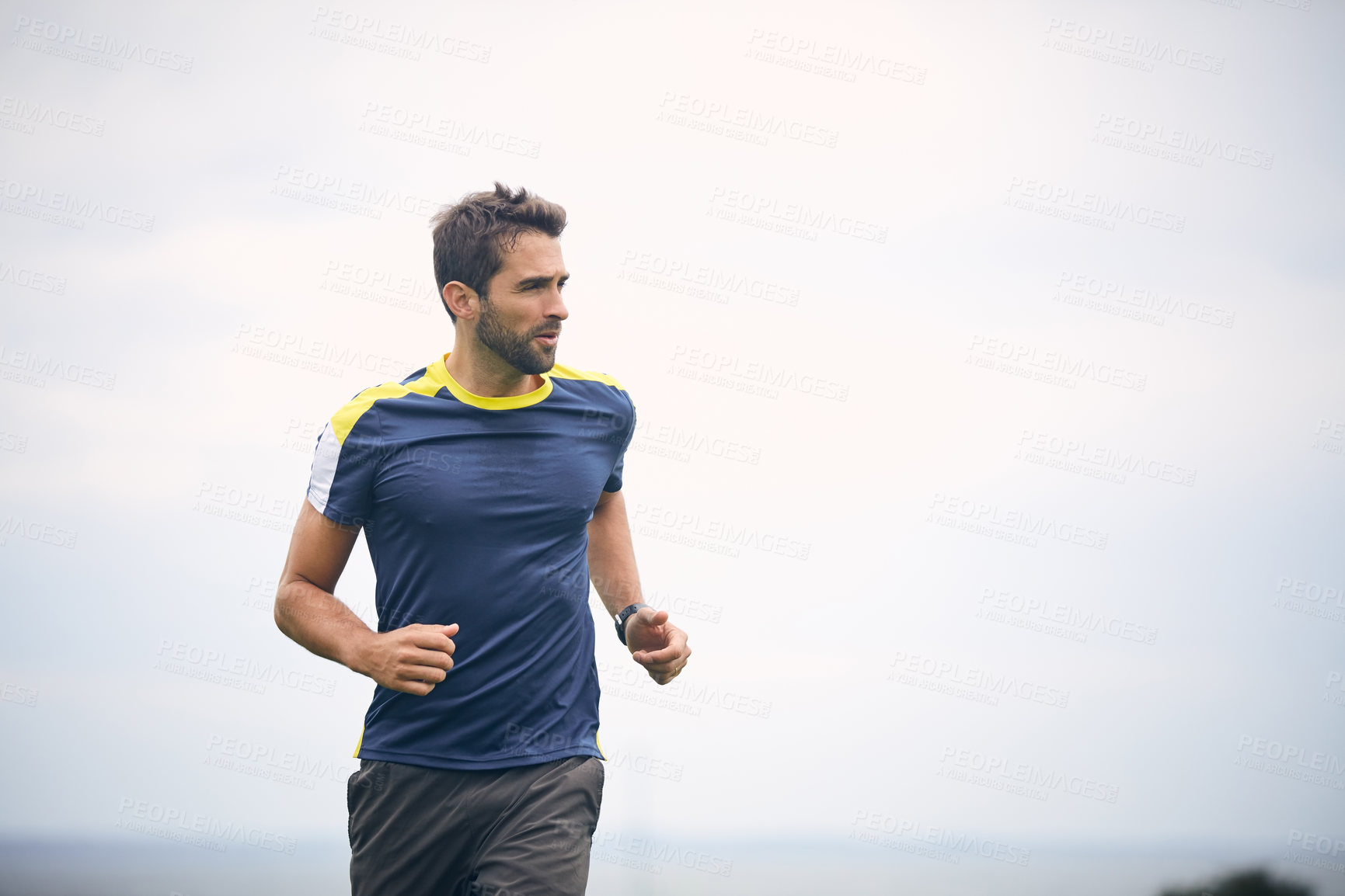 Buy stock photo Man, fitness and running with morning sky, mockup and wellness for healthy outdoor exercise. Training, cardio and runner in nature with commitment, progress and athlete in muscle workout challenge