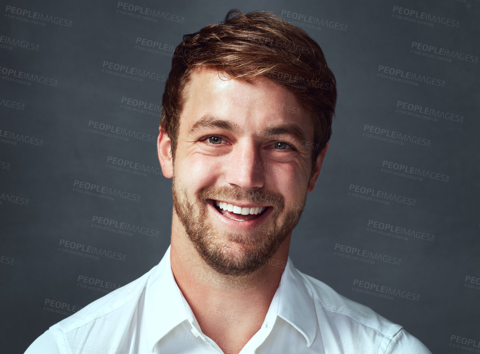 Buy stock photo Portrait, studio and man with smile, business and bookkeeper in agency, happy and goal of finance. Corporate, grey background and employee in company, accountant and professional person and confident