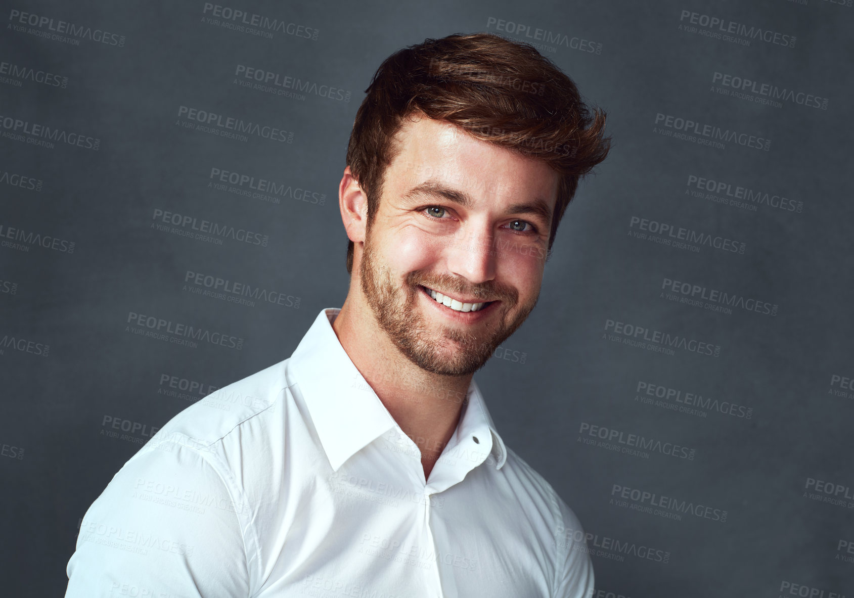 Buy stock photo Portrait, business and man with happiness, studio and smile for internship in bank for bookkeeper and mockup. Grey background, professional and goal for accountant, cheerful or confidence of employee