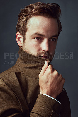 Buy stock photo Man, thinking and gentleman fashion in studio, classic style and serious on gray background. Male person, clothes and elegant aesthetic for designer outfit or recreation, contemplating and trend