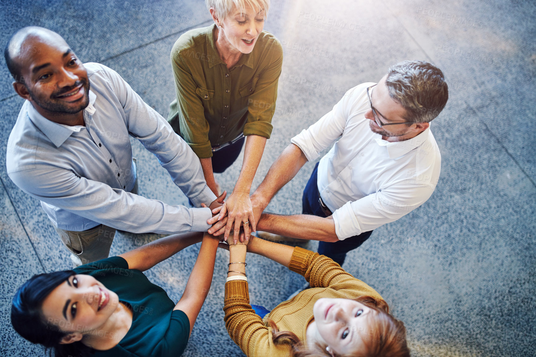 Buy stock photo Teamwork, unity and collaboration by hands joining in support of a mission, goal or vision. Portrait of diverse colleagues during team building, showing trust, community and global power together