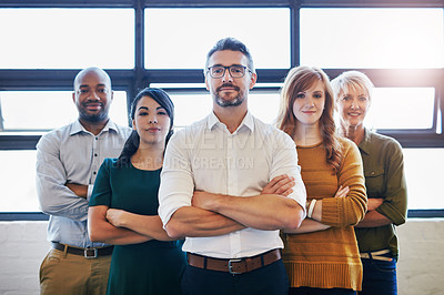 Buy stock photo Teamwork, crossed arms and portrait of business people in the office for unity, collaboration or partnership. Professional, diversity and team with success, support and leadership in the workplace.