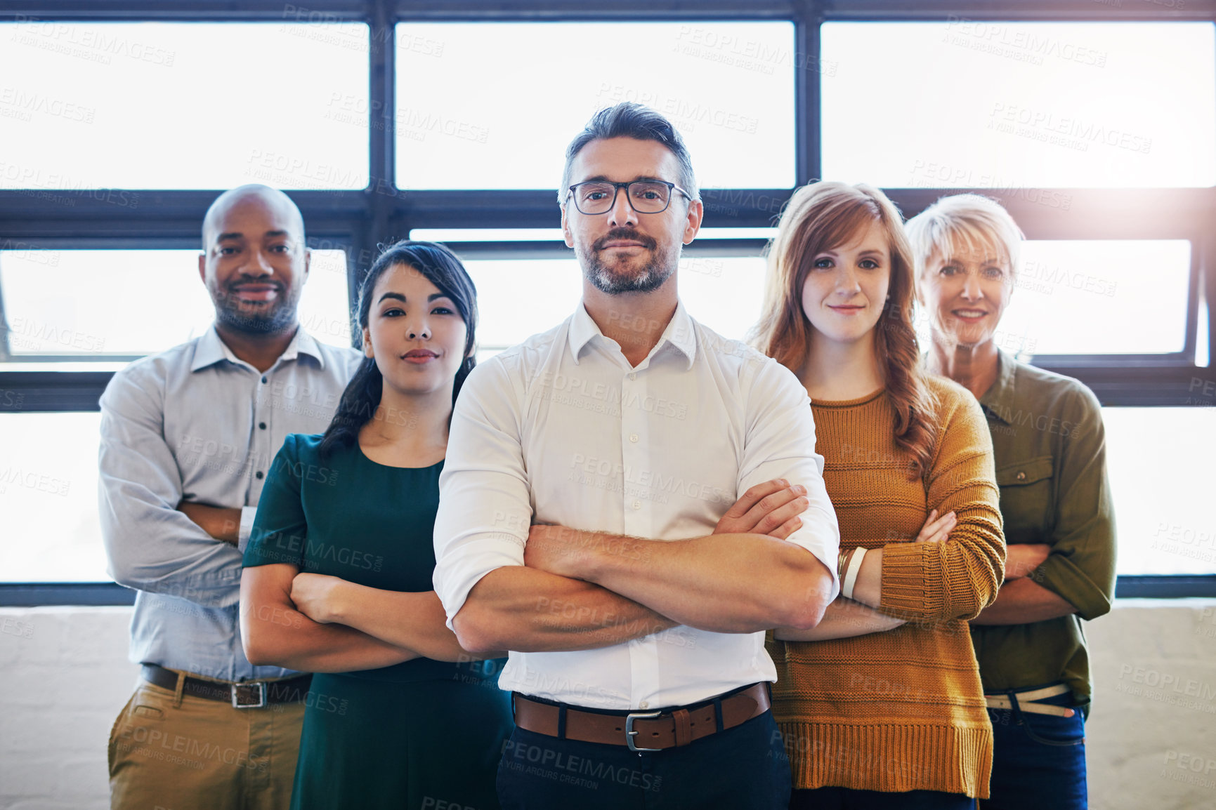 Buy stock photo Teamwork, crossed arms and portrait of business people in the office for unity, collaboration or partnership. Professional, diversity and team with success, support and leadership in the workplace.