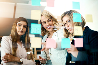 Buy stock photo Women, teamwork and brainstorming schedule of ideas, business goals and mindmap of solution. Diversity, employees and planning with sticky note for timeline, workflow process and analysis of target