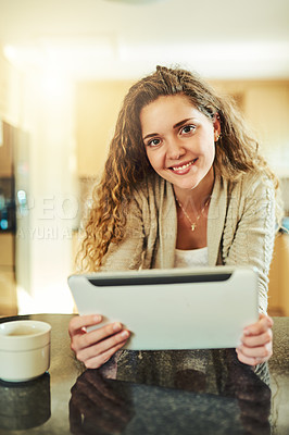 Buy stock photo Portrait, smile and woman with tablet, home and reading on app, ebook or entertainment for person. Online, browsing and searching for article, digital and house with internet, happy or girl in Brazil