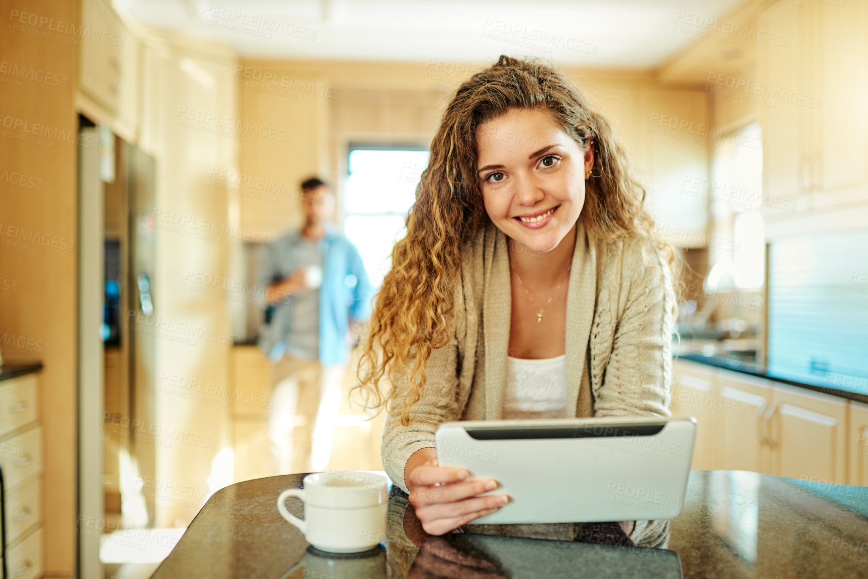 Buy stock photo Portrait, kitchen and woman with tablet, home and reading on app, ebook and entertainment for person. Smile, browsing and search for article, digital and house with internet, happy and girl in Brazil