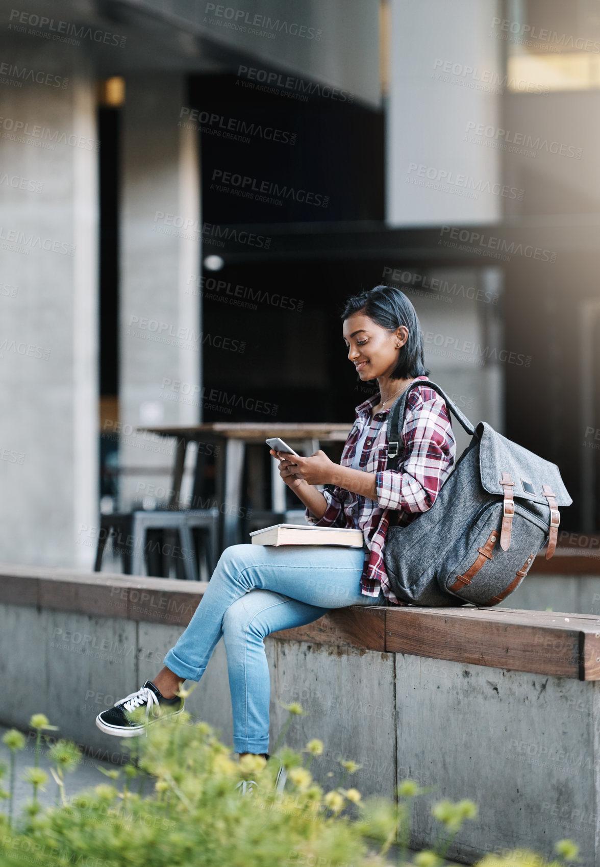 Buy stock photo Girl, college student and phone for texting, outdoor and backpack for education with mobile app at campus. Woman, happy and smartphone for contact, email and notification for learning at university