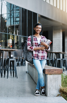 Buy stock photo Full length portrait of an attractive young female student standing outside on campus