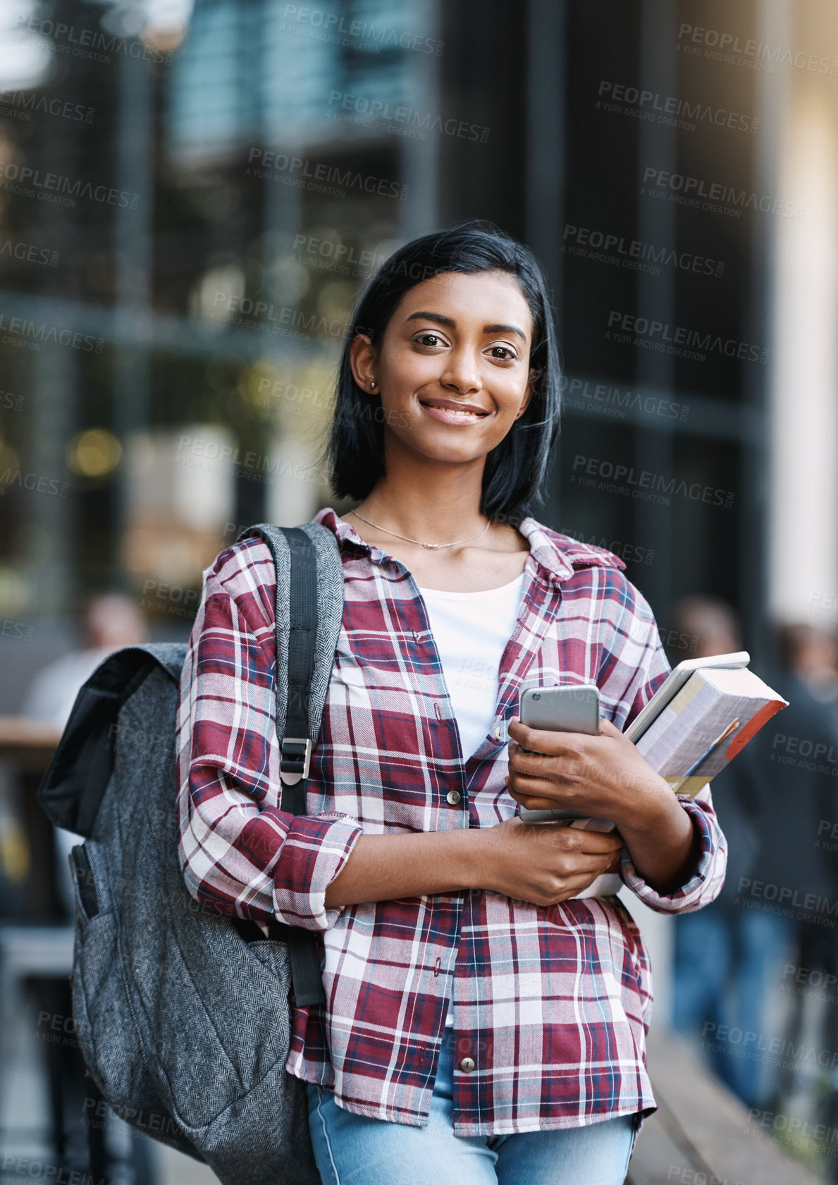 Buy stock photo Girl, college student and books in portrait, outdoor or education with bag, phone or campus in city. Indian person, smartphone and smile with backpack for learning, studying or future at university