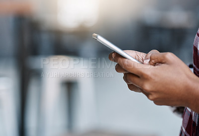 Buy stock photo Woman, hands and phone of student typing on social media for communication, texting or networking at campus. Hand of person or university learner chatting on mobile smartphone app on mockup space