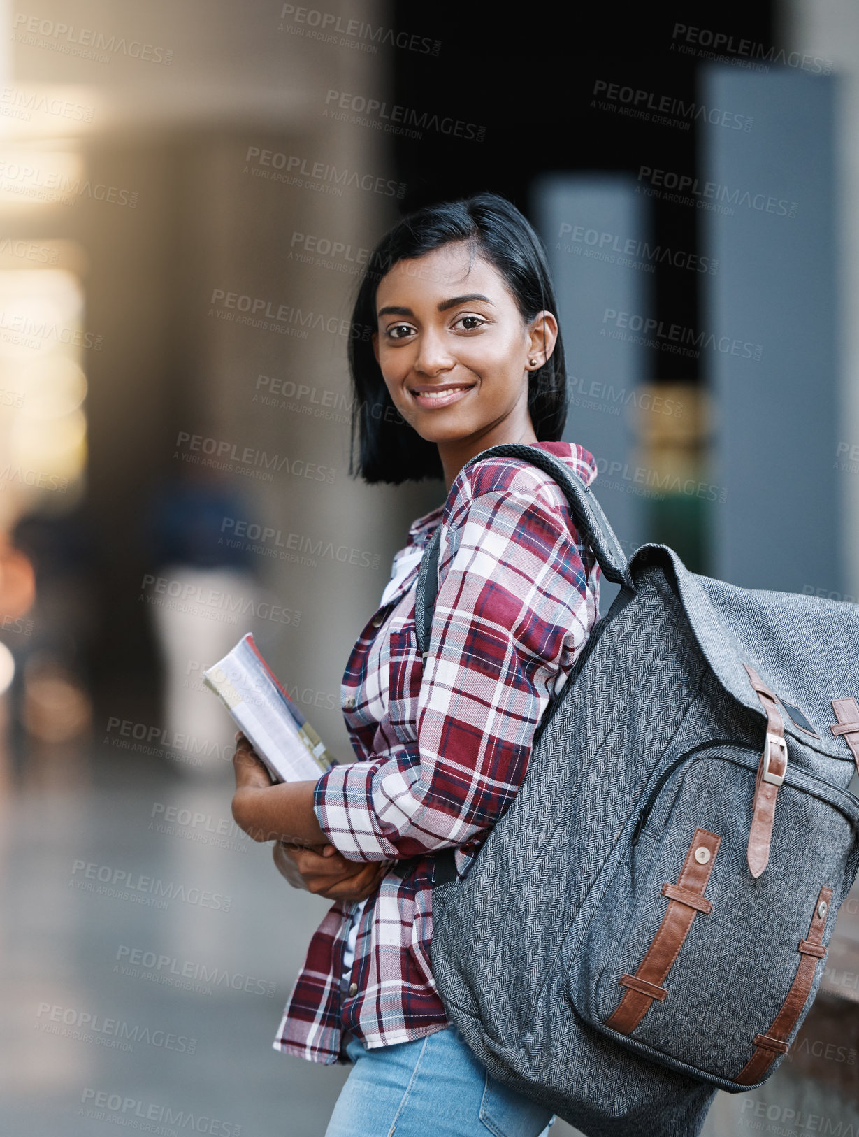 Buy stock photo Indian girl, student and portrait or backpack with books for learning, studying and education at university. Person, happy and pride with novel for exam information, college scholarship and knowledge