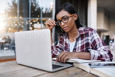 Buy stock photo Girl, laptop and reading at university, outdoor and study for exam, books and notes for development. Person, computer and article for research, glasses or learning with info for education at college