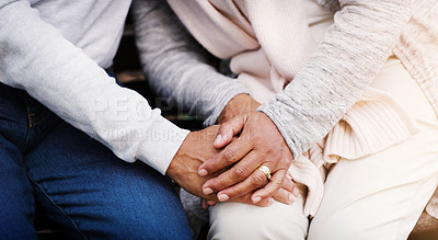 Buy stock photo Holding hands, senior couple and support while together for empathy, love and care in marriage. Closeup of elderly man and woman with hope, respect and communication or kindness outdoor in retirement