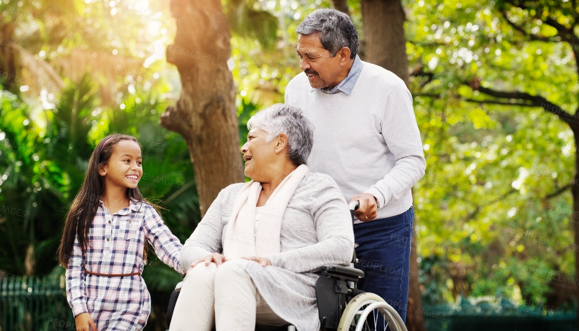 Buy stock photo Grandparents, park and a senior woman in a wheelchair together with her husband and granddaughter. Disability, family or kids and a girl child bonding with her senior relatives in a natural garden