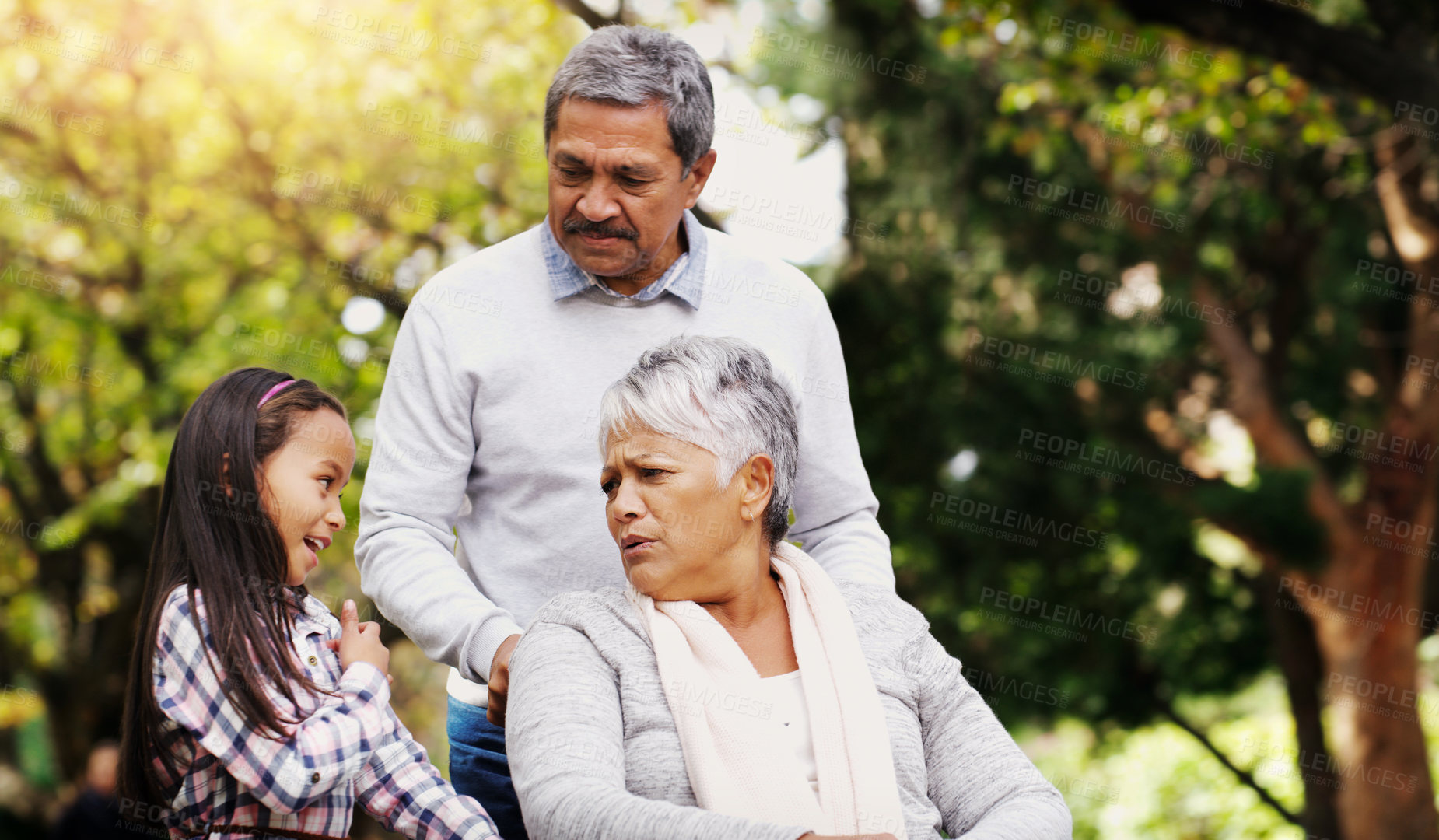 Buy stock photo Grandparents, park and old woman in wheelchair together with her husband and granddaughter. Person with a disability, family or kids and girl child bonding with her senior relatives in natural garden