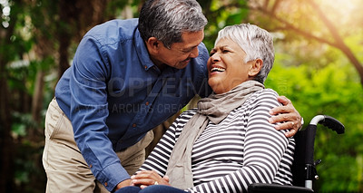 Buy stock photo Senior couple, hug and wheelchair in nature by trees with love, connection and laugh on vacation in summer. Elderly woman, old man and person with disability in park for rehabilitation in retirement