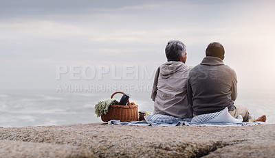 Buy stock photo Rearview shot of an affectionate senior couple having a picnic together at the beach