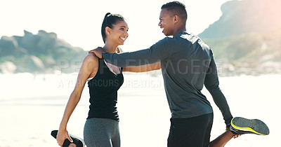 Buy stock photo Fitness, stretching and woman with man for outdoor support, smile and help with workout. Warm up, exercise and runner girl with personal trainer in training challenge, teamwork and wellness in nature