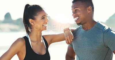 Buy stock photo Fitness, couple and laugh on beach for exercise, summer morning workout routine and young people running. Bonding, training and cardio with wellness in relationship, humor or joke together outdoor