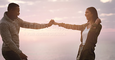 Buy stock photo Dancing, couple and sunset sky at beach for happy memory on vacation, holiday or adventure. A man and woman dance to celebrate love, marriage and travel journey or date with a smile outdoor in nature