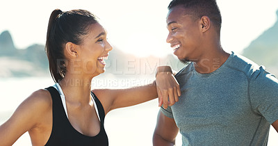 Buy stock photo Fitness, couple and funny on beach for exercise, summer morning workout routine and young people running. Bonding, training and cardio with wellness in relationship, humor or joke together outdoor