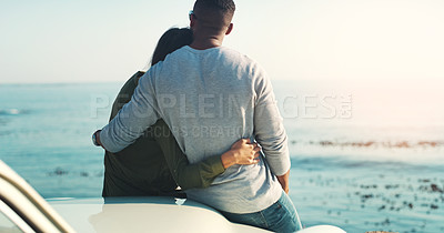 Buy stock photo Couple, back and ocean for view at beach, coastline date or anniversary with people on road trip for holiday. Sea, waves and relax outdoor with nature and environment for healthy relationship