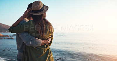 Buy stock photo Couple, back and sea for view at beach, coastline date or anniversary with people on summer trip for holiday. Ocean, waves and relax outdoor with nature and environment for healthy relationship