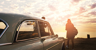 Buy stock photo Couple, road trip and car with back, sunset and beach for memory, vacation and outdoor in nature. People, silhouette and vehicle for transportation, travel and holiday in summer sunshine by ocean