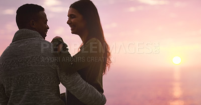 Buy stock photo Couple, hug and sunset sky at the beach for happy memory on vacation, holiday or adventure. A man and woman together for love, marriage and travel or date by ocean in nature with outdoor mockup space