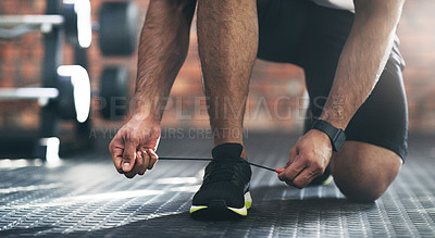 Buy stock photo Closeup, exercise and man tie shoes, fitness and start workout with training, wellness and healthy lifestyle. Zoom, male person or athlete with laces, sneakers and prepare for practice or performance