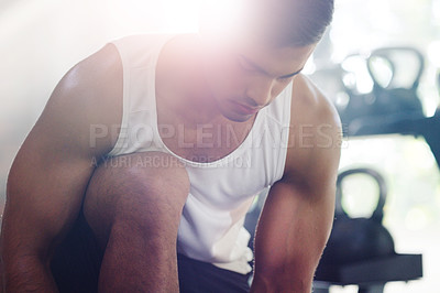 Buy stock photo Workout, morning and man in gym for fitness, bodybuilder training and exercise for wellness. Sports, athlete and person with weight equipment and strong muscles for performance, health and strength