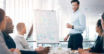 Buy stock photo Business man, speaker and board for presentation, conference or workshop for question, writing and talk. Leader, coaching or mentor by whiteboard, training or advice for team building in meeting room