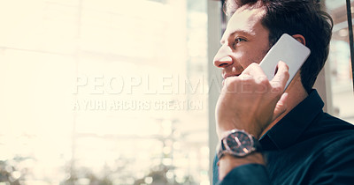 Buy stock photo Happy man, business and communication with phone call at office for work discussion, proposal or chat. Businessman, consultant or young employee talking on mobile smartphone for online conversation
