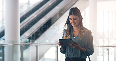 Buy stock photo Business woman, research and browsing with tablet for news, social media or app at office. Female person, employee or designer with technology for online search, website or communication at workplace
