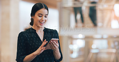 Buy stock photo Business woman, texting and reading with space in office mockup for networking, chat or email communication. Happy businesswoman, smartphone or typing for schedule, notes or social media app at job