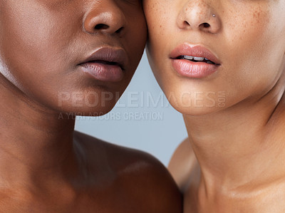 Buy stock photo Portrait of two unrecognizable young women standing close  to each other against a grey background