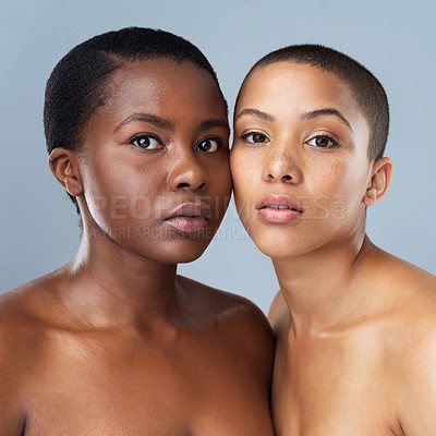 Buy stock photo Skincare, wellness and portrait of black women in studio with natural, glow and pigmentation routine. Beauty, face and friends with glow, smooth and dermatology facial treatment by gray background.