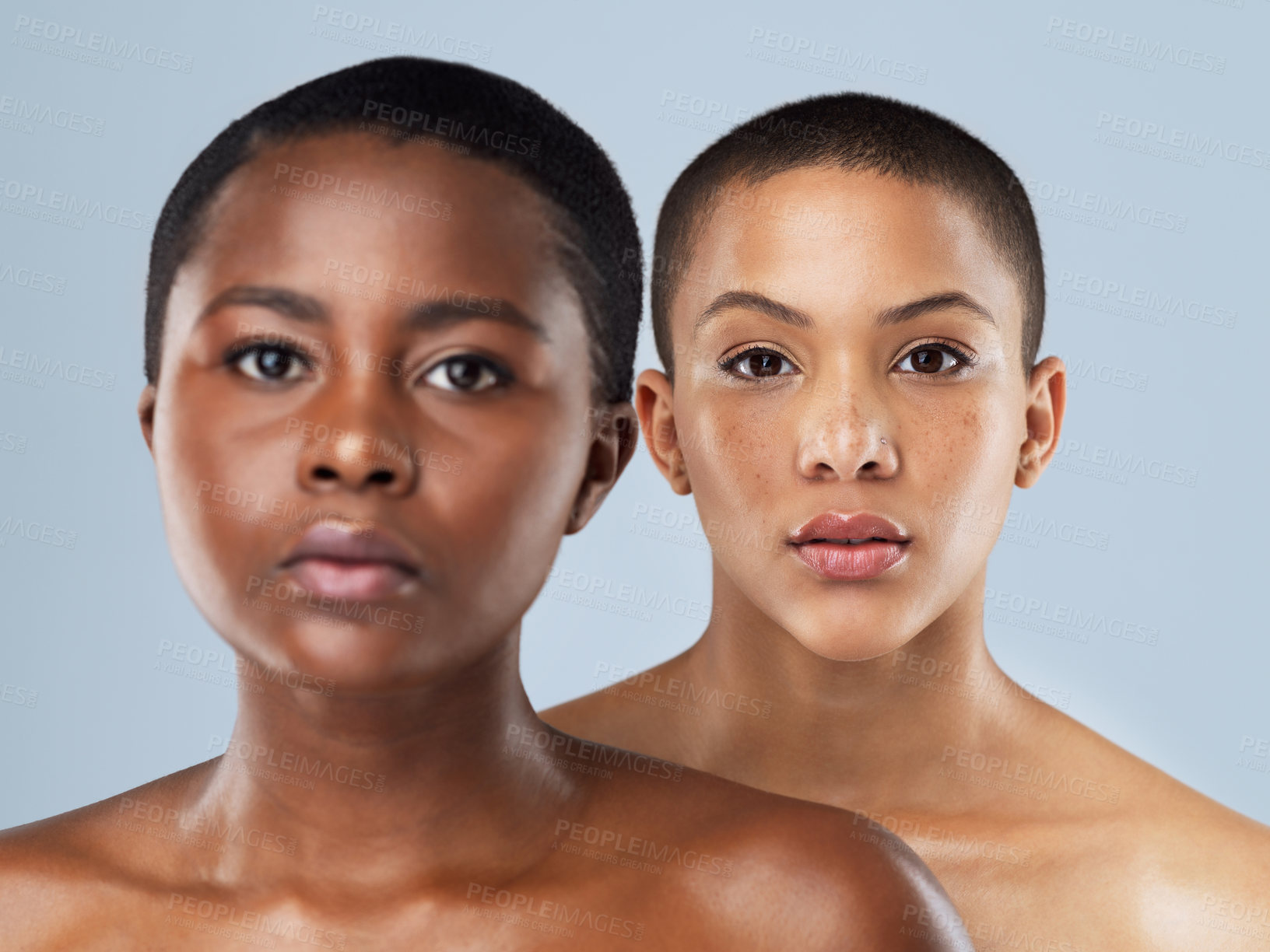 Buy stock photo Skincare, natural and portrait of black women in studio with health, glow and wellness routine. Beauty, face and girl friends with cosmetic, smooth and dermatology facial treatment by gray background