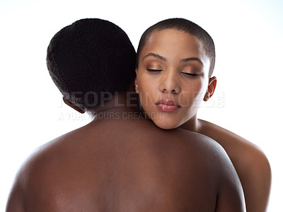 Buy stock photo Friends, hug and beauty in studio for skincare, support and together on white background. People, cosmetics and confidence for dermatology bonding, love and facial treatment for care or embrace