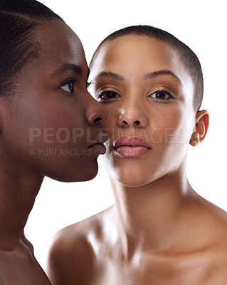 Buy stock photo Friends, portrait and glow in studio for skincare, support and together on white background. People, cosmetics and confidence for dermatology bonding, love and facial treatment for care or beauty