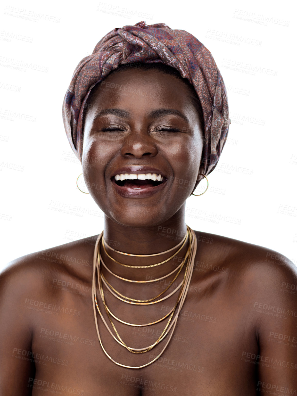 Buy stock photo African woman, laughing and culture in studio, fashion and designer jewelry on white background. Black person, funny humor and traditional style for aesthetic, accessories and confidence in turban